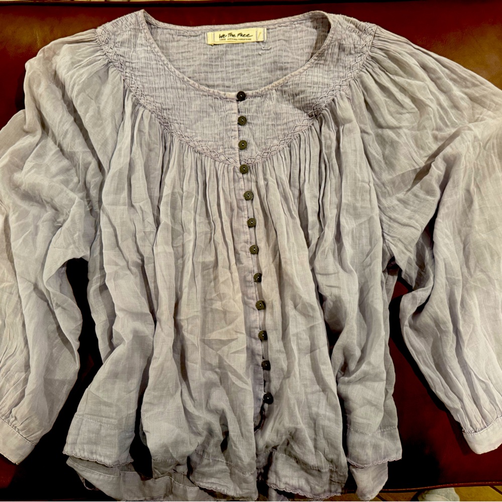 Free People Cool Meadow Top Buttondown Cotton Ruched Scoop Neck Blouse Purple